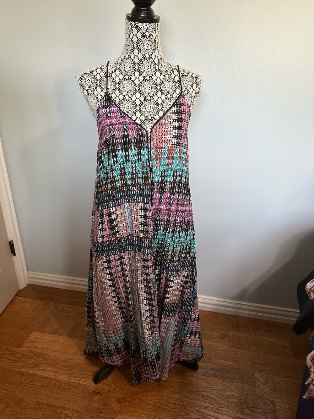 Anthropologie Multicolor Pink, Aqua & Black Striped Maxi Dress